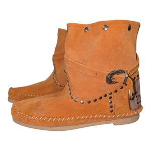 Indianita Suede Leather Moccasin Boots Orange Studded Boho Western Size 5.5 EU36